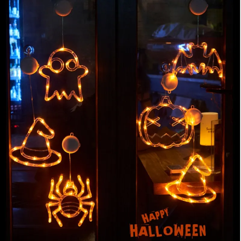 Luces de ventana de Halloween, lámpara de calabaza, Araña, murciélago, ojo fantasma, tapa, telaraña, LED, ventosa, lámpara de decoración de Ambiente, 2023