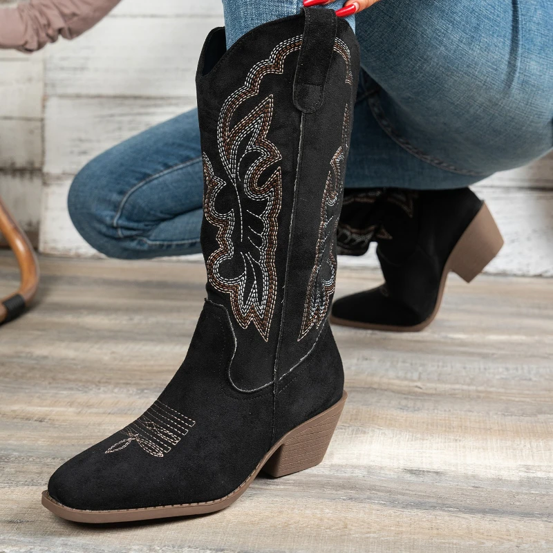 Women Boots Autumn Winter Comfortable Shoes High Chunky Heel Pointed Toe Women Shoes Sexy Fashionable Embroidered Long Boots image 6