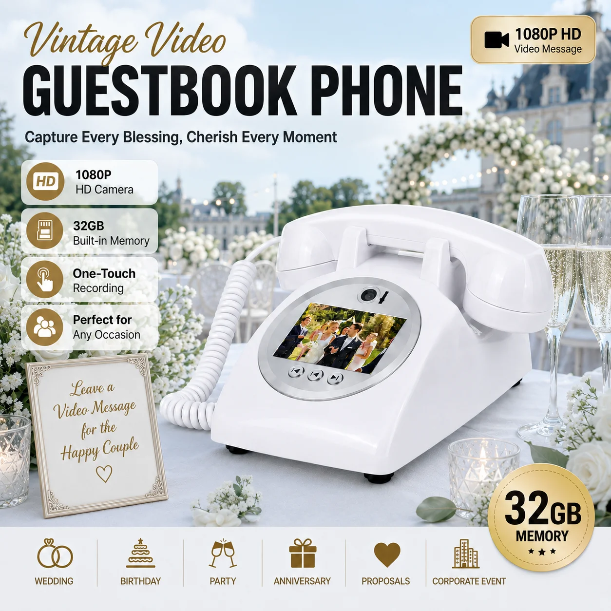Image of Video-Gästebuchtelefon 1080P Retro mit 32GB – Alternative zum Gastbuch für Hochzeit, Brautparty, Junggesellinnenfeier, Geburtstag, Abschlussball. Deko für Fotobox & modernes Erinnerungsstück für