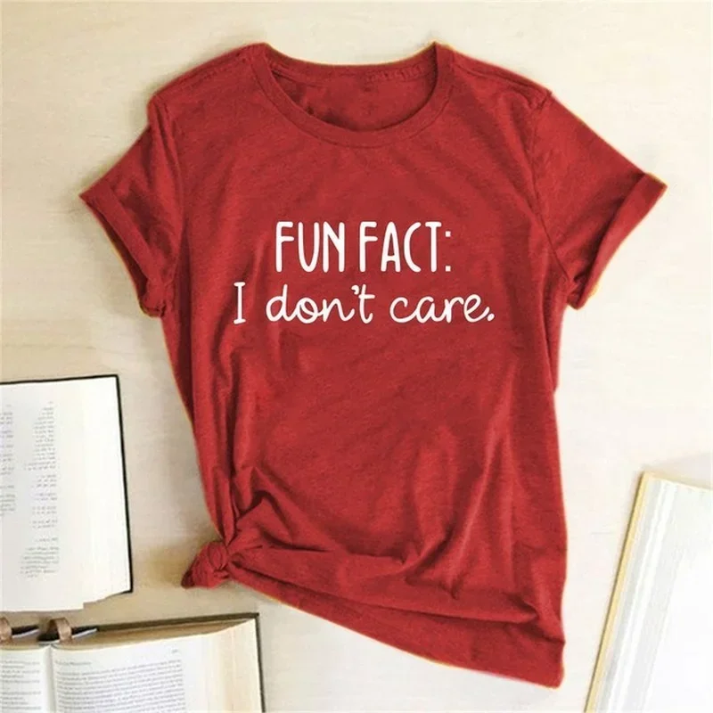 Camiseta con estampado FUN FACT I DON'T CARE para mujer, camiseta holgada de manga corta con cuello redondo, camisetas para mujer, ropa informal de verano
