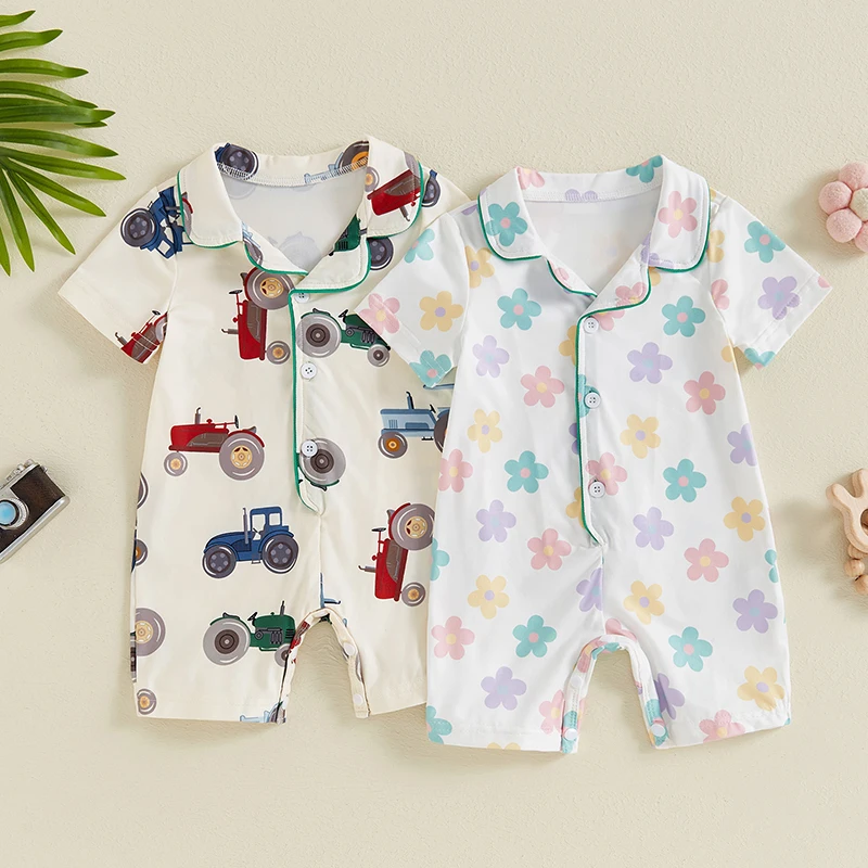 

Toddler Baby Rompers Pajamas Tractor/Flower Print Turn-Down Collar Short Sleeve Summer Sleepers Jumpsuit for Infant Boys Girls