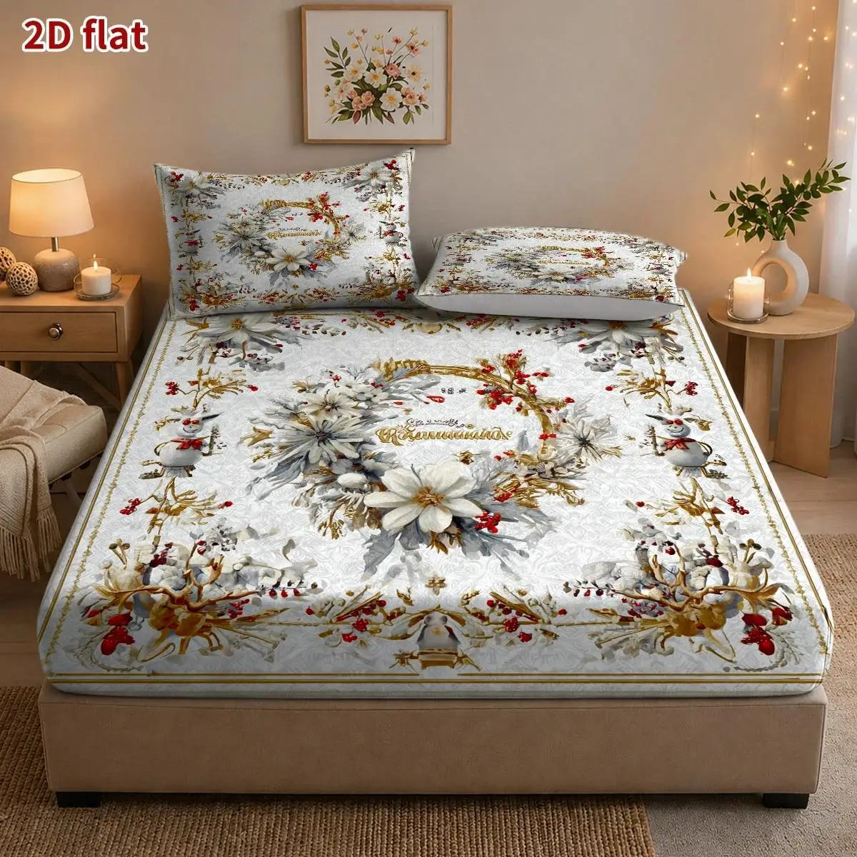 Winter Snowflakes and Reindeer Theme, European Palace Style 3-Piece Mattress Protector Set, Christmas Decoration 2D Flat Printing, Mattress Cover, Christmas, Mattress Protector Suitable for All Seasons, Machine Washable, Suitable for Home, Dormitory, Master Bedroom, Guest Room, Soft and Skin-Friendly, Dust-Proof and Mite-Proof, High Elasticity Fit, Easy to Store and Portable