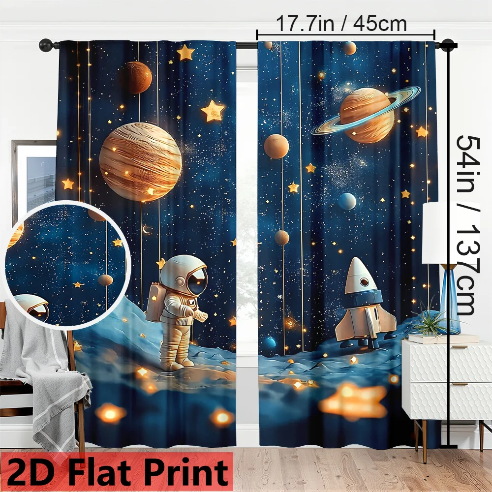Space Astronaut Planets Print Window Curtains for  Kids Room Blackout Thermal Insulated Drapes for Privacy and Cosmic Home Decor