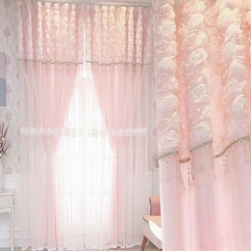 New Korean Princess Style Pink Warm Blackout Curtains for Living Room Bedroom Double Layer Lace Finished  Bay Window