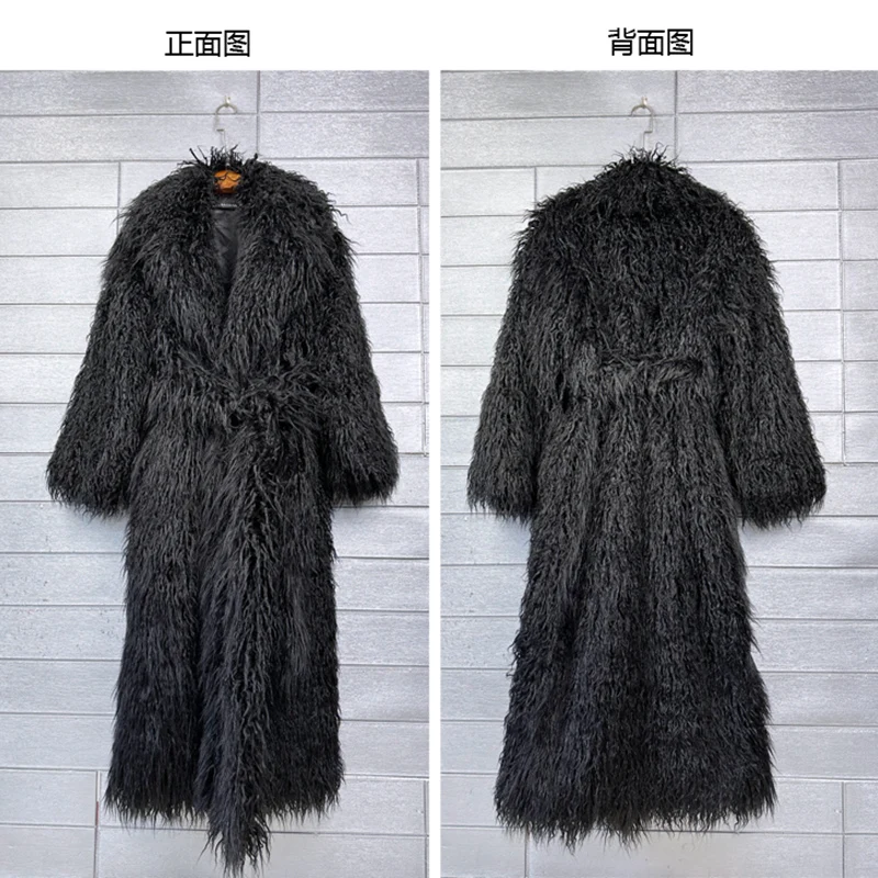 Lady Personalized Black Faux Fur Coat Female Lape Shaggy Outerwear Women's Winte Long Jacket Streetwear with Belt Promotion