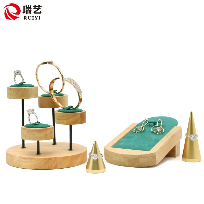 

Jewelry display shelf green bamboo and wood microfiber flannelette four rings bamboo earrings jewelry log frame