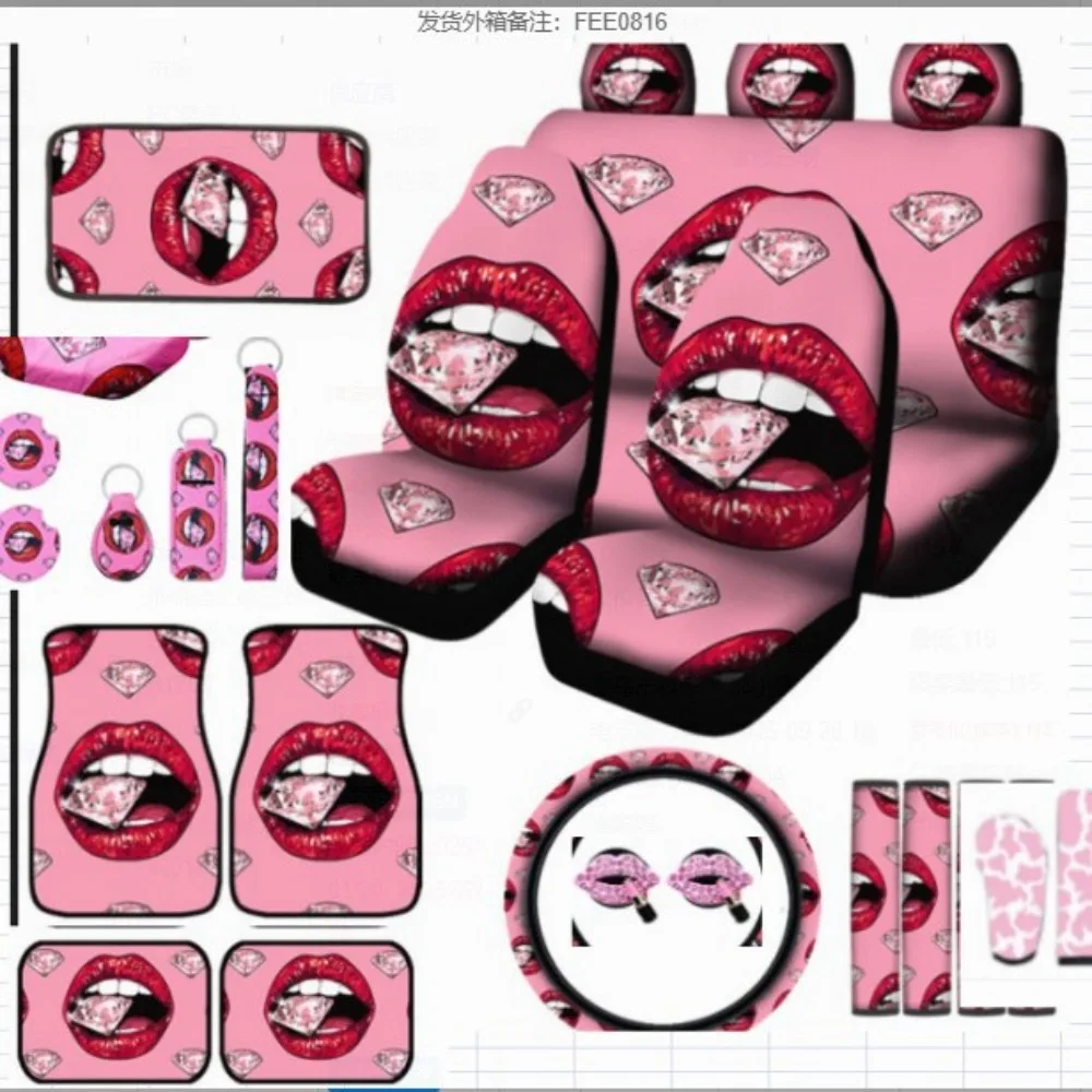 25 PCS Sarung Jok Mobil Universal dengan Desain Bibir Merah Muda