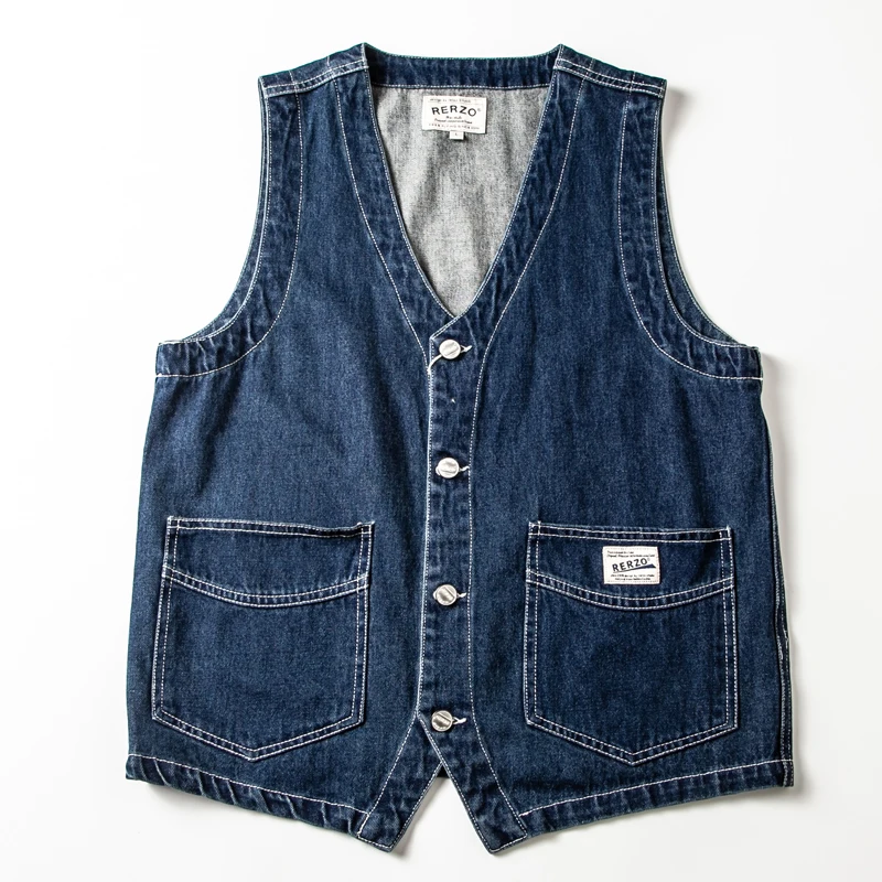 

Japanese Retro Amekaji Multi-Pocket Workwear Vest Distressed Denim V-Neck Casual Sleeveless Waistcoat for Men Slim Fit