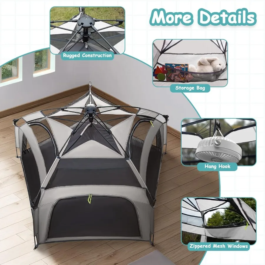 Tente pop-up pour parc de bébé – Tente de jeu extérieure et intérieure pour la plage avec sac de voyage auvent, cour de jeu portable pour bébés et tout-petits