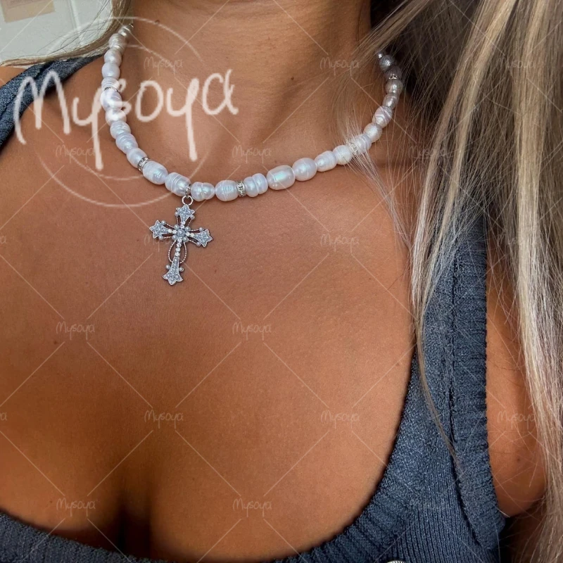 

MYSOYA 6-7mm White Rice-shaped Freshwater Pearl Cross Pendant Necklace, for Girlfriend, for Wedding/ Mother's Day Gift A0583