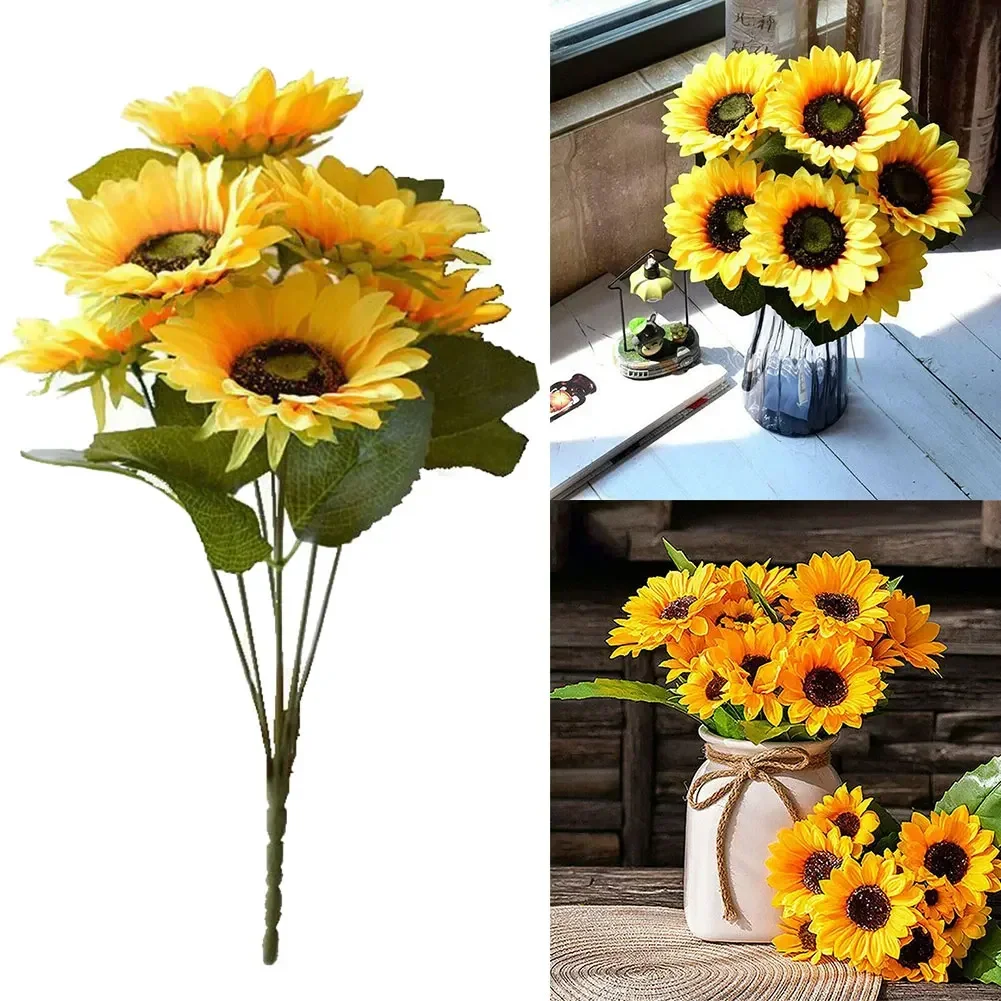 1 Bunch 7 Heads Artificial Sunflowers 29cm Shrubs Fake Flowers Bouquet For Garden Bookstore Wedding Cafe Store Party-Decor