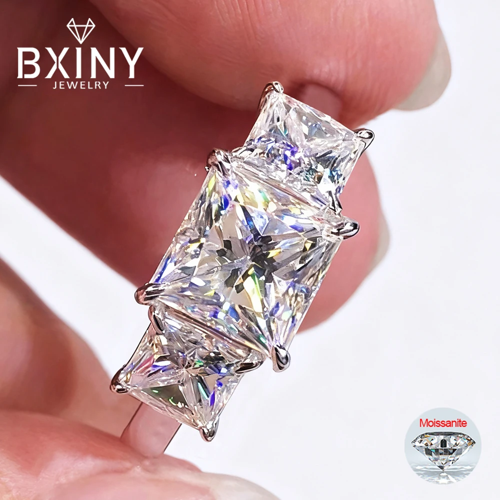 

BXINY 3-Stone Princess Cut All Moissanite Ring 100% S925 Silver Lab Diamond Wedding Band for Women Gift Jewelry With Certificate