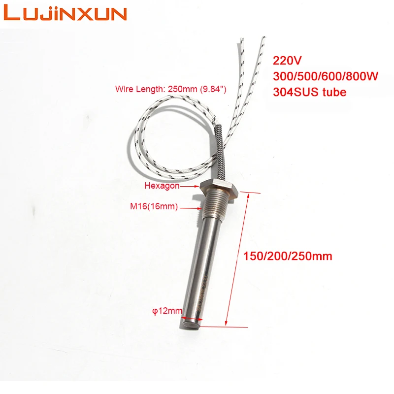 

LUJINXUN 220V Cartridge Heating Element M16 Thread Immersion Electric Heater Rod with Locknut for Water 300W-800W 1pc
