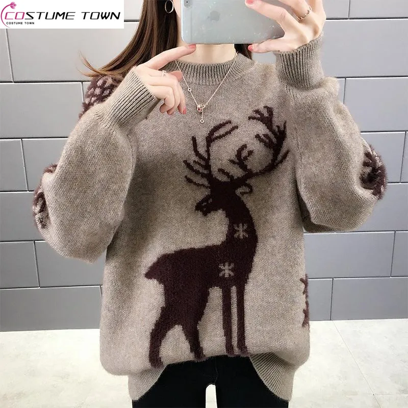 

New Little Deer Thickened Sweater Coat Women's 2023 Autumn/Winter Versatile Loose Outerwear Women's Warm Bottom Top