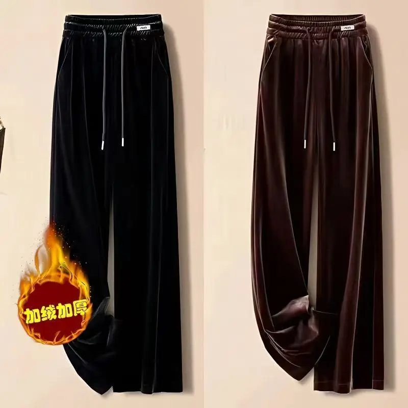 

Fce Lined Высокая талия Прямые брюки Золотые бархатные повседневные брюки Зимние новые женские брюки больших размеров Прямые длинные брюки Velv...