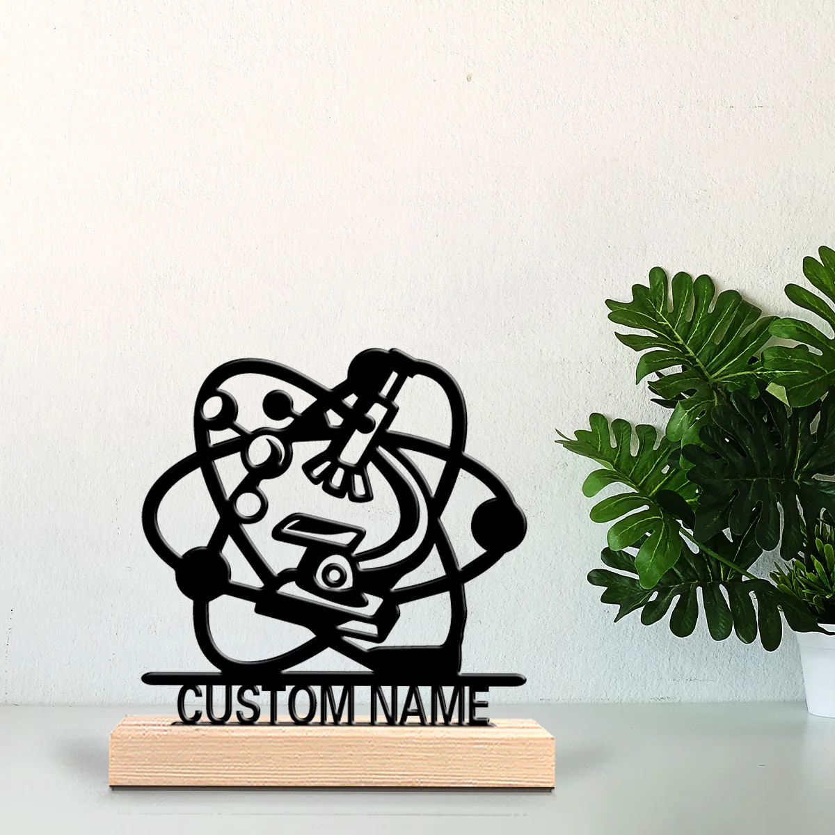 1 قطعة نموذج ذري مجهر أنيق مخصص شخصي تماثيل معدنية فن معدني مع قاعدة خشبية للفصول الدراسية ، منزل غريب الأطوار أو Offi