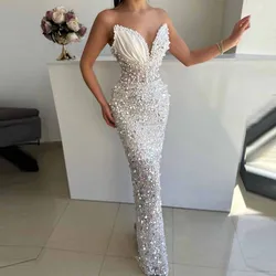 Pearls Elegant Bespoke Occasion Gowns Satin Sheath/Column Celebrity Dress White Sweetheart Sequined Birthday Dress Long 2025