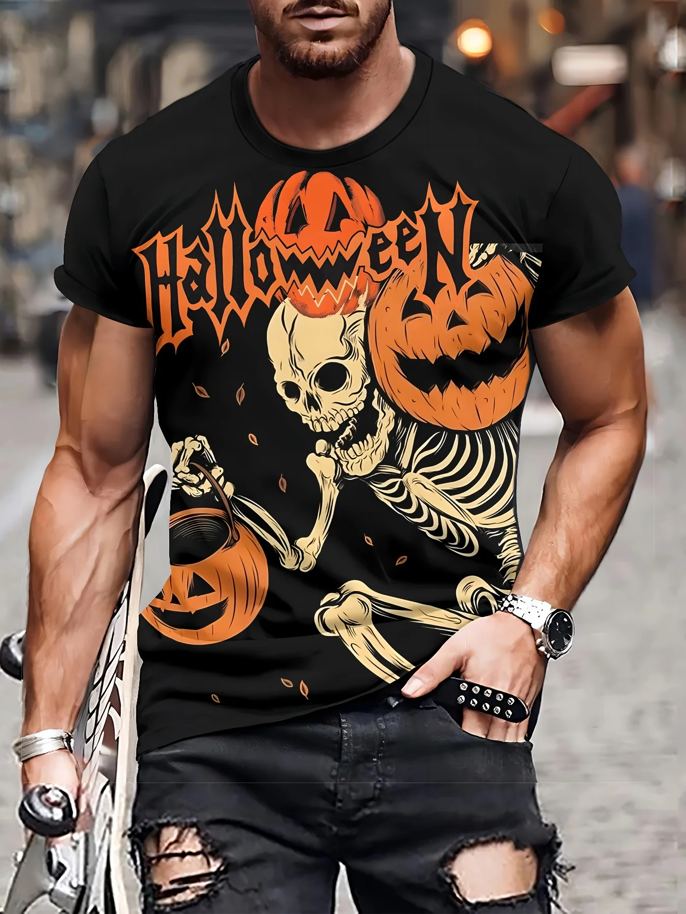 2026 Summer Men's T-shirt Halloween Breathable Lightweight Casual Roller Skating Hip-Hop Men's Clothing