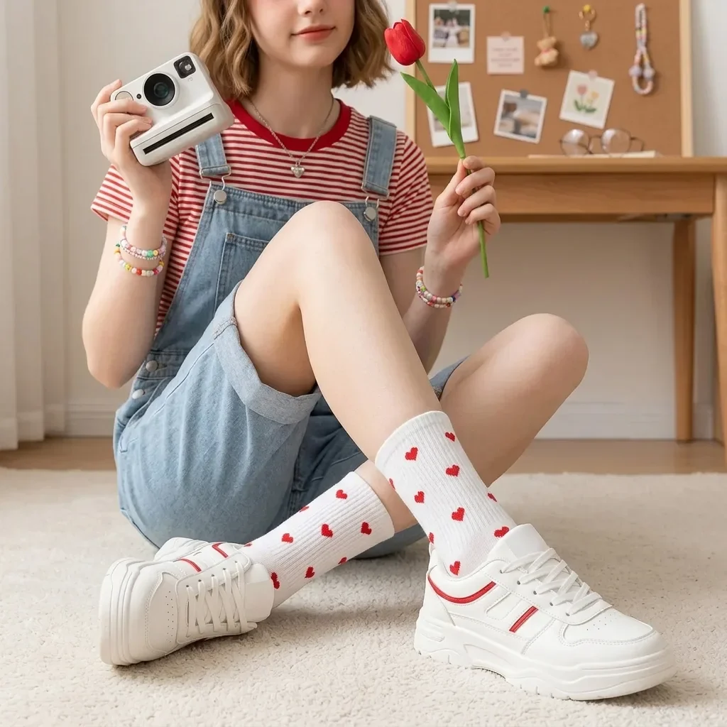 Cute Red Heart Print White Mid-calf Socks, Sweet Casual Soft Knit Crew Socks for Daily Matching Sneakers