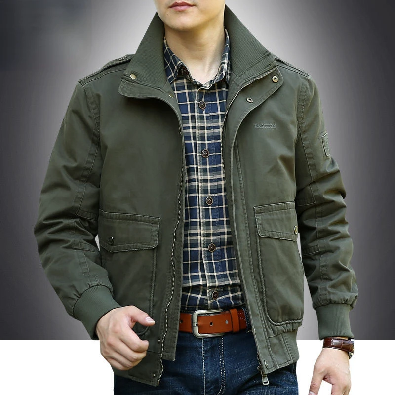 

Spring and Autumn Pure Cotton Men Jacket Short Military Tooling Coat Stand Collar Casual Comfortable Breathable Wild Embroidery