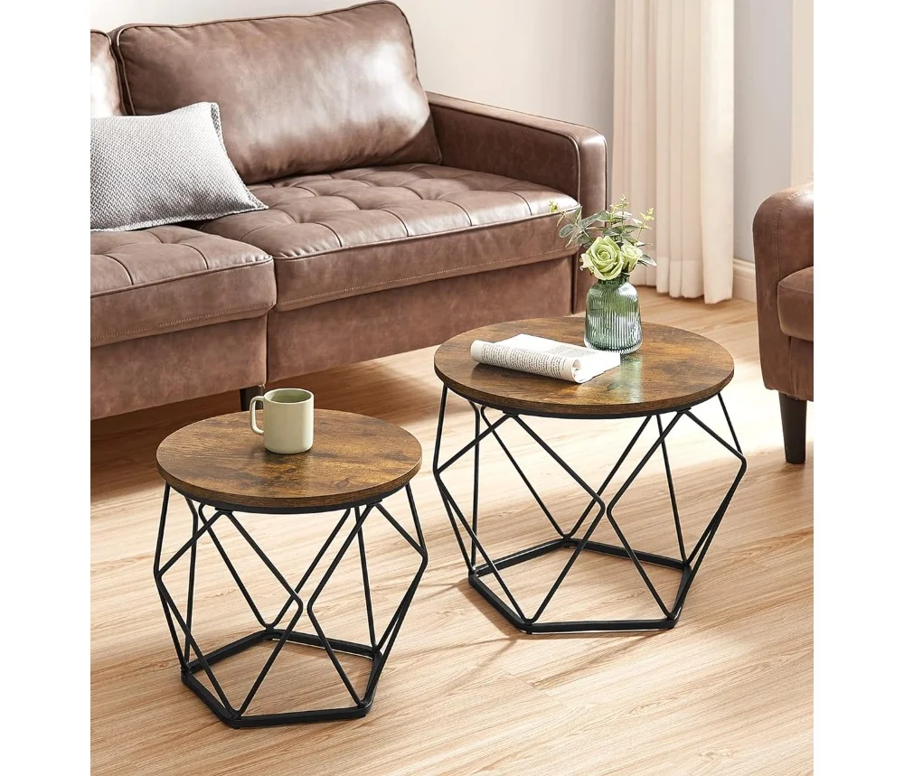 Small Coffee Table Set of 2, Round Coffee Table with Steel Frame, Side End Table for Living Room, Bedroom, Office,