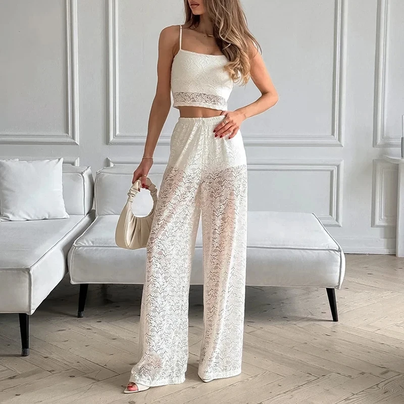 

Lace Halter Short Crop Tops And Pants Two Piece Sets Summer Sleeveless Slim Hollow Out Homewear Sets Casual Comfortable Outfits
