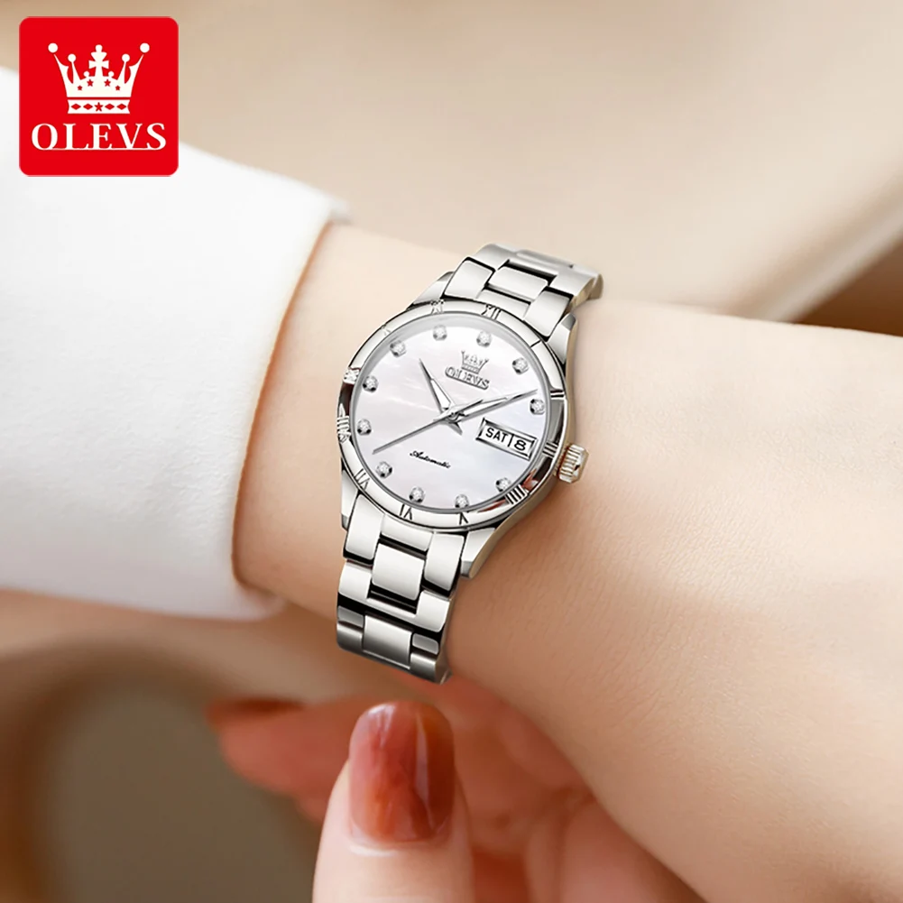 OLEVS 7030 Simple Dual Calendar Mechanical Watch For Women Waterproof Luminous Automatic Wristwatch Luxury Business Ladies Watch