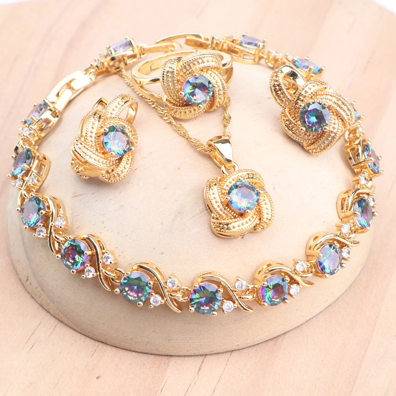 

Наборы ювелирных изделий из серебра 925 пробы с натуральной волшебной радугой и фианитом для женщин, свадебные серьги золотого цвета, кольцо, кулон, ожерелье, браслет, комплект