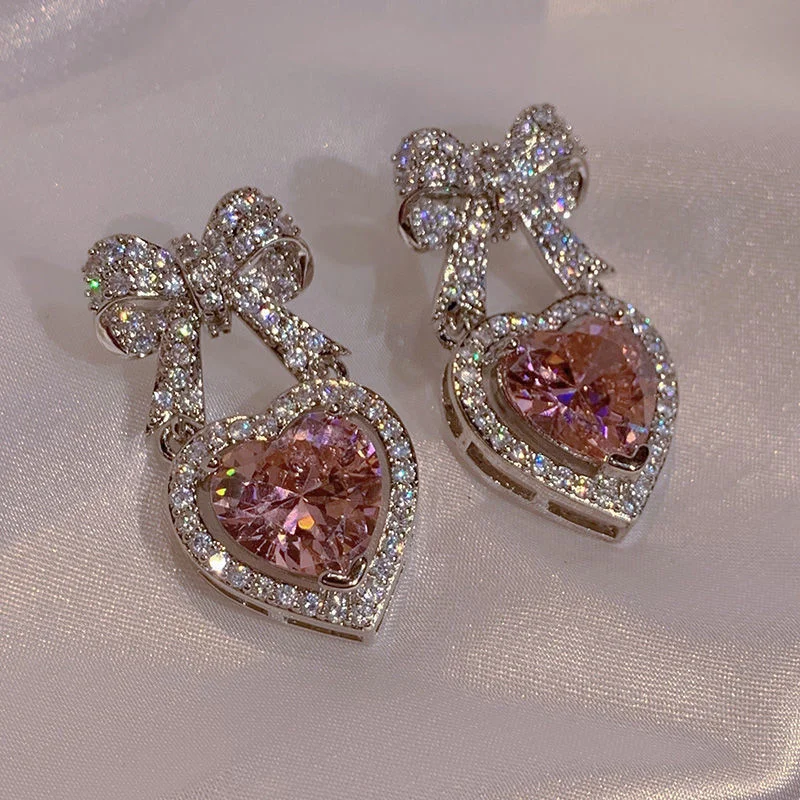 Exquisite Pink Heart Shape Bowknot Stud Earrings For Women Shining CZ Zircon Love Earring Girl Wedding Party Temperament Jewelry