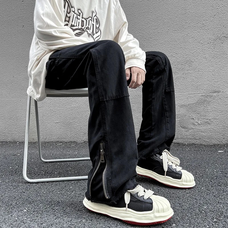 

Мужские джинсы в американском ретро-стиле с молниями на манжетах, свободные прямые повседневные брюки в стиле High Street, расклешенные джинсы-клеш