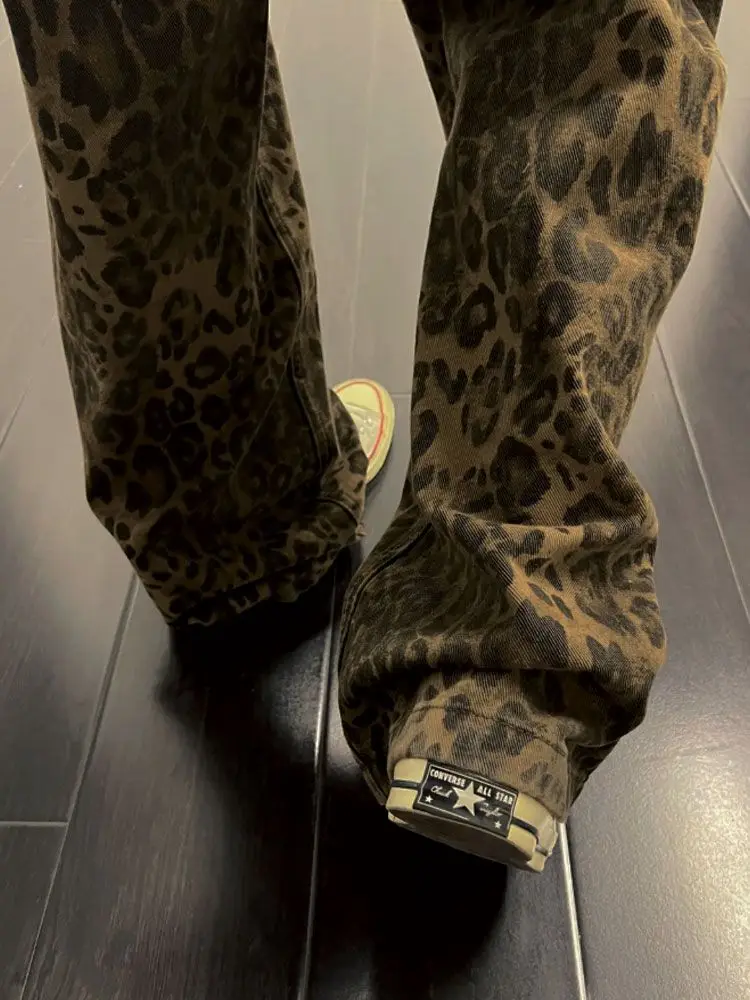 

Y2k American High Street джинсовые брюки с леопардовым принтом, прямые свободные широкие брюки, весна 2024, новые повседневные джинсы для женщин