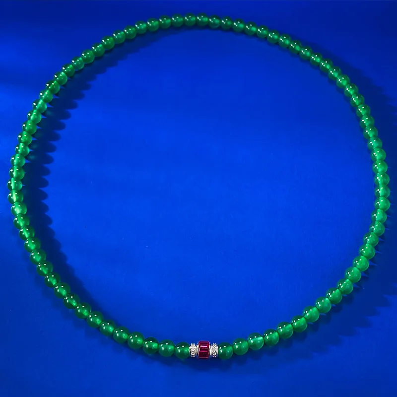 925 Silver Treasure Green Jade Marrow Bead Set Pendant Versatile 6.0mm Full Chain Necklace 50cm Wedding Jewelry