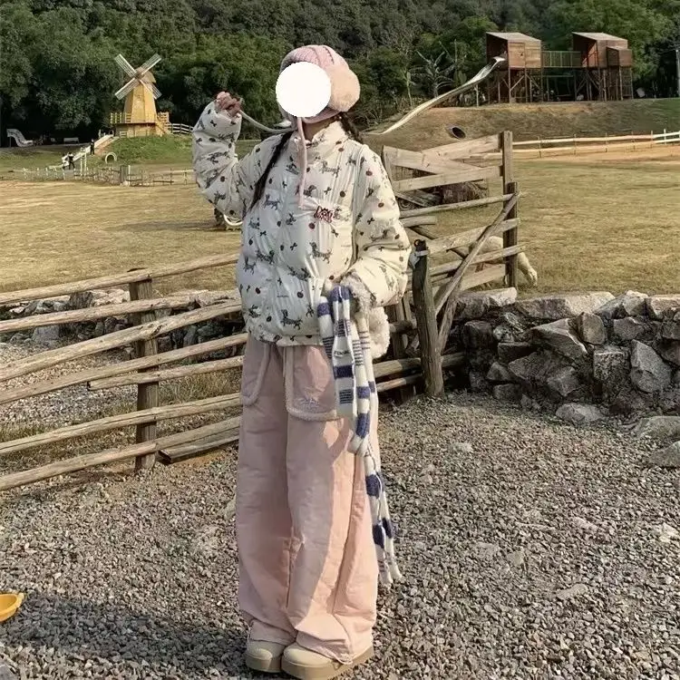 Thicken Y2k Pink Snow Pants Autumn Winte Cute Casual Sweet Korean Chic Loose Versatile Wide Leg Cotton Pants Trendy 2024 New
