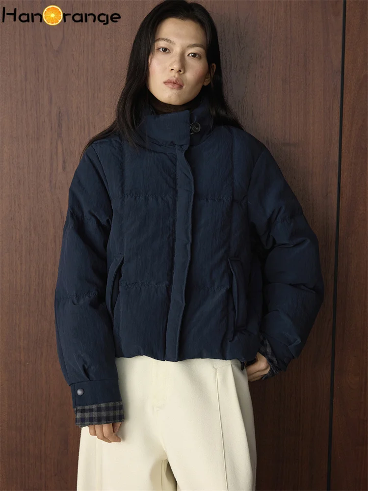 

HanOrange 2025 Winter Retro Checkered Contrasting Color White Duck Down Short Parkas Women Warm Jacket Navy Blue/Beige Gray