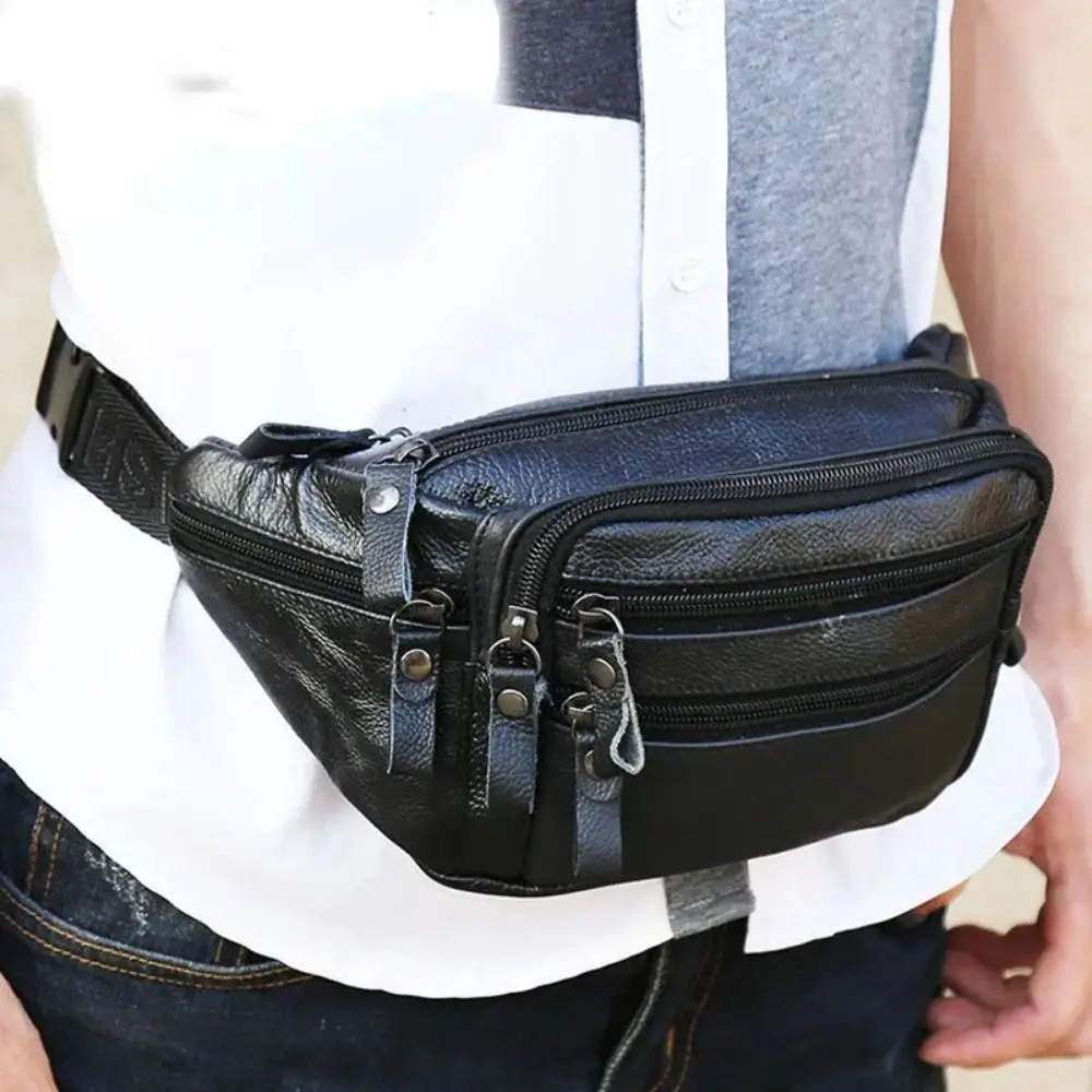 PU Leather Men\'s Waist Bag Fashion Waterproof Multi-layered Travel Phone Bag Large Capacity Zipper Waist Purse Pack