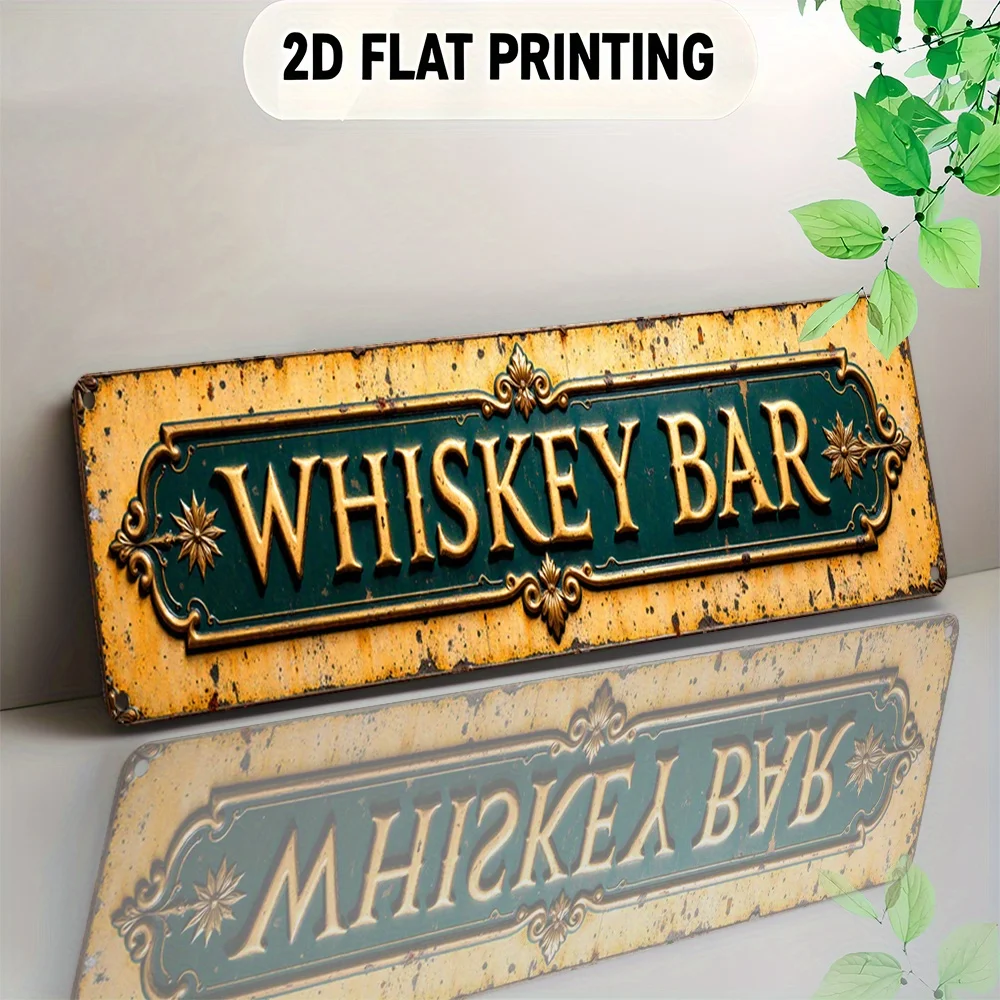 2D Flat, Vintage European Whiskey Bar Label Sign - Green & Golden Metal Wall Decor with Golden Lettering & Star Accent