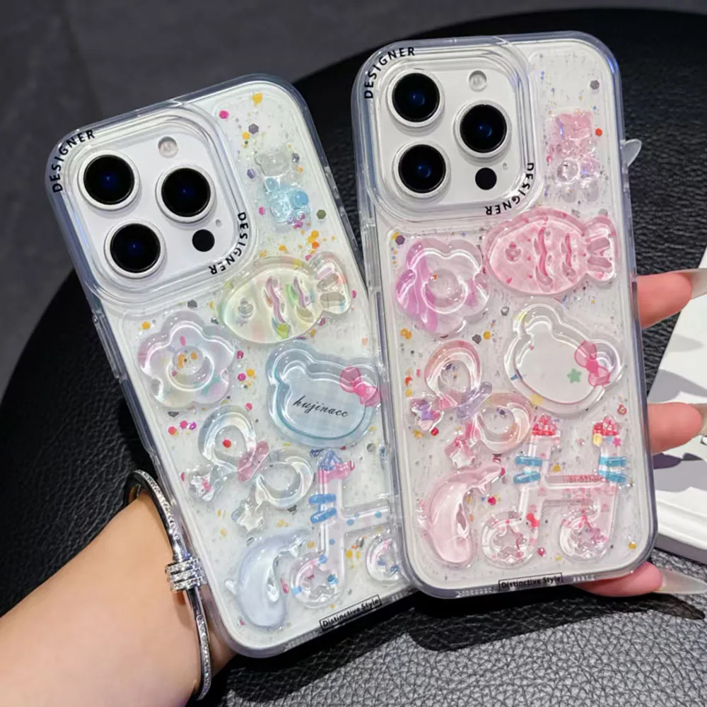 Transparente 3d peixe notação musical para iphone 15 14 13 16 pro max 15 plus caso bonito cristal bling glitter claro capa protetora