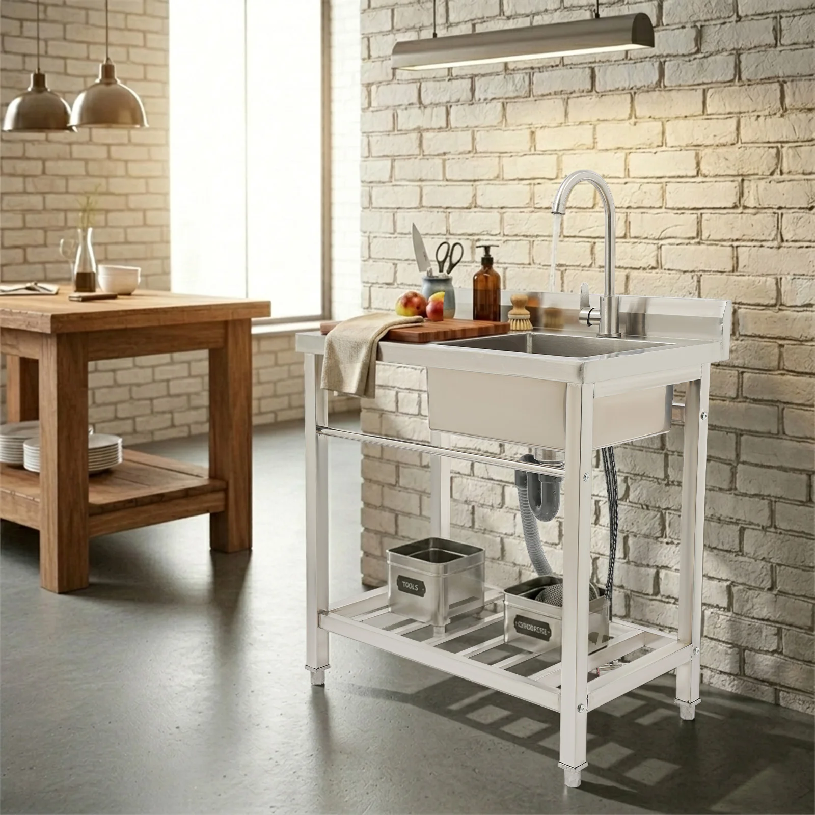 Évier de cuisine autoportant en acier inoxydable, évier de plan de travail avec porte-serviettes, grand évier simple, éviers commerciaux pour restaurants avec rotation à 360° °   Robinet pour buanderie, bar et garage NEUF (80 x 55 x 84 cm)