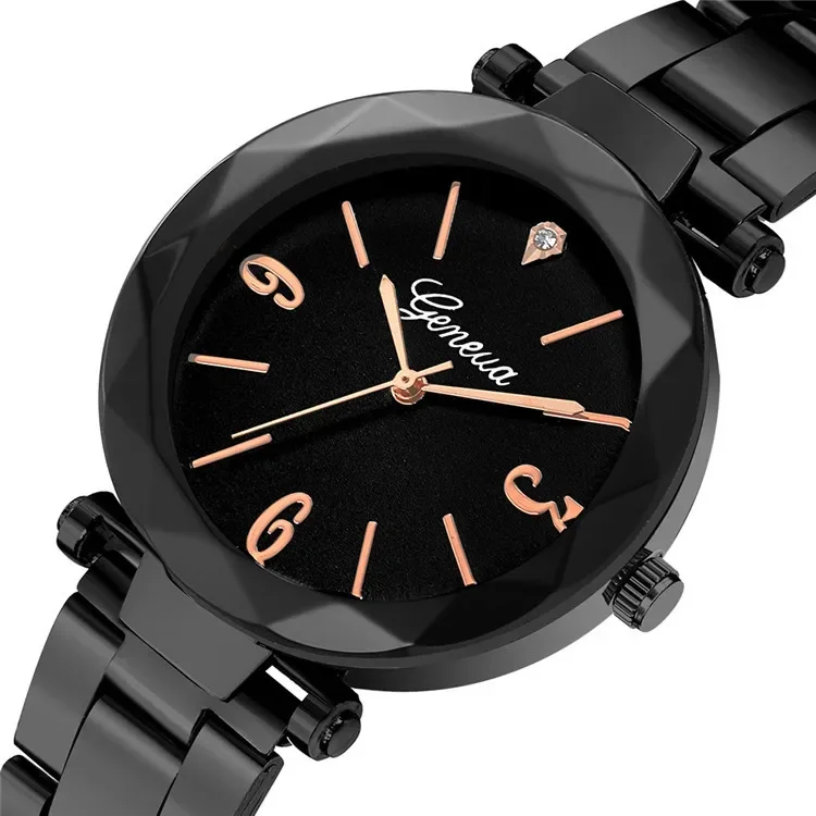 Geneva-relojes de lujo para Mujer, pulsera de cuarzo con banda de acero inoxidable, color negro, a la moda