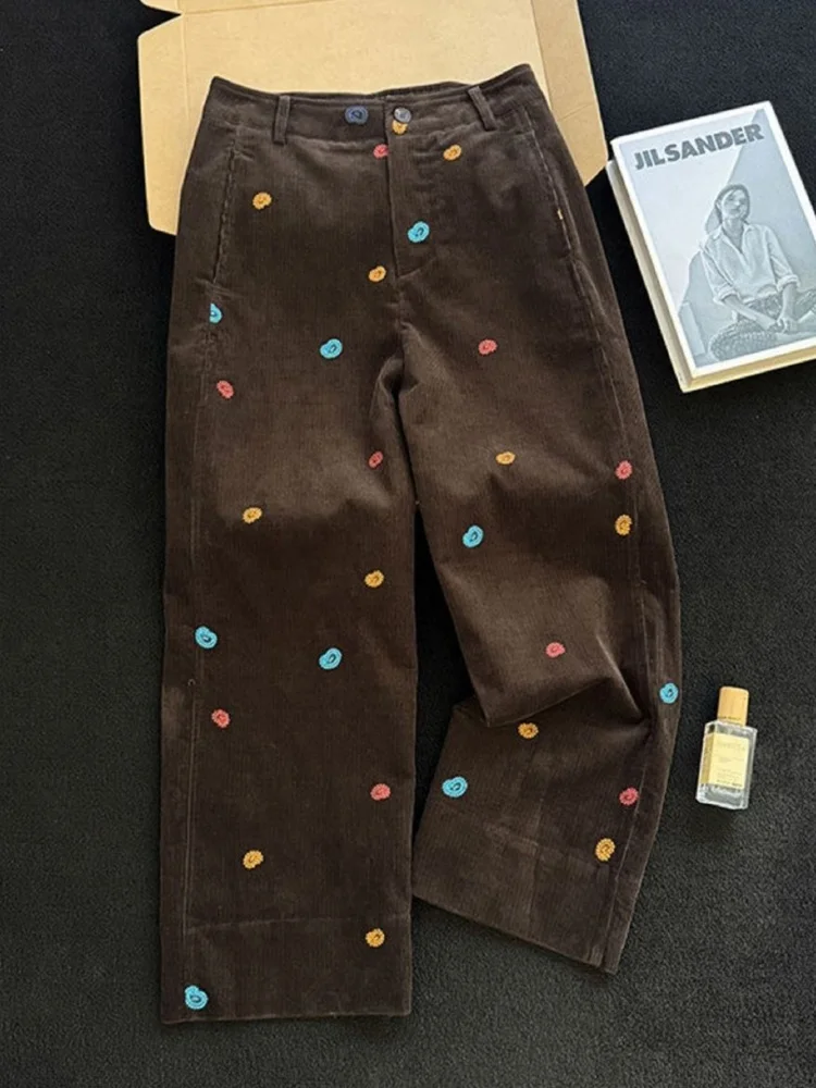 Kaki pantalons décontractés femmes taille haute ample brodé jambe large coupe droite pantalon automne hiver nouveau Sle trajet Sle