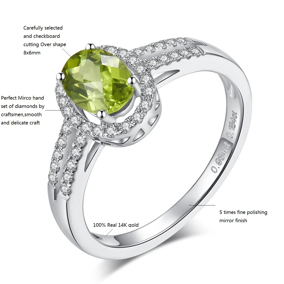 Lohaspie 14K White Gold 100% Natural Peridot Ring 1.22 Carats Genuine Gemstone Classic Style Fine Jewelry for Women's Gift