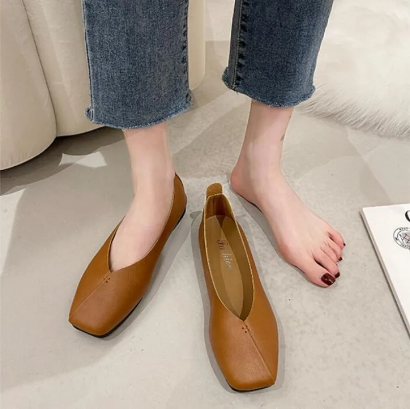 Flat Bottomed Soft Sole Square Head Single Shoes Women Spring Autumn Grandma Shoes Bean Shoes Lazy Shoes Women's Shoes