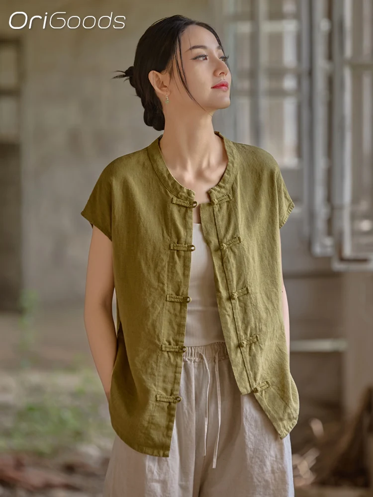 

OriGoods Summer Short Sleeve Blouse Women 2025 New Chinese Style Viscose Ramie Smooth Cool Casual Shirt Simple Woman Tops B320