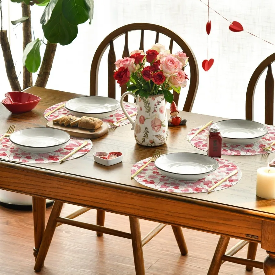 مجموعة مفارش عيد الحب المستديرة على شكل قلوب الحب الوردية مكونة من 4 قطع من سجادات طاولة مستديرة لحفلات الزفاف والذكرى السنوية لتزيين الطعام #5