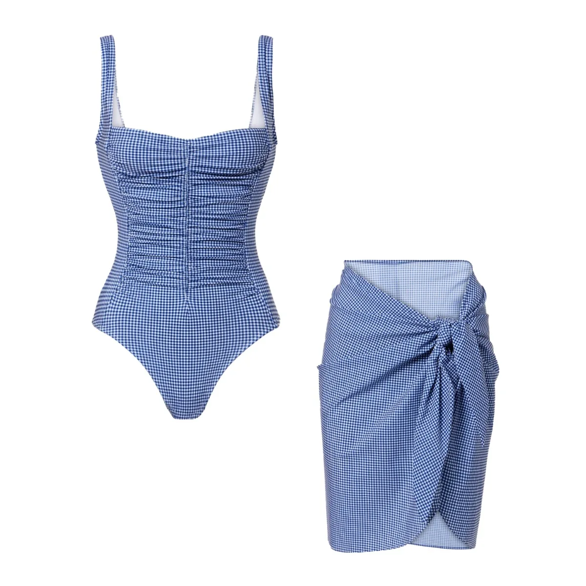 Women's Blue And White Checkered Square Neck Pleated One-Piece Swimsuit Two-Piece Set for Hot Spring Vacation
