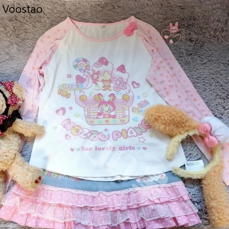 Grunge Fairy Cartoon Print Lolita T-shirty Jesień Kobiety Vintage O-Neck Długi rękaw Topy Japońskie Y2k Estetyczne koszulki Harajuku