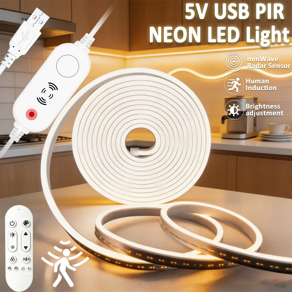 5V USB PIR Motion Sensor Super Bright LED Strip Neon Light Flexible Silicone Neon Sign Tape Waterproof with Remote Kitchen Stair