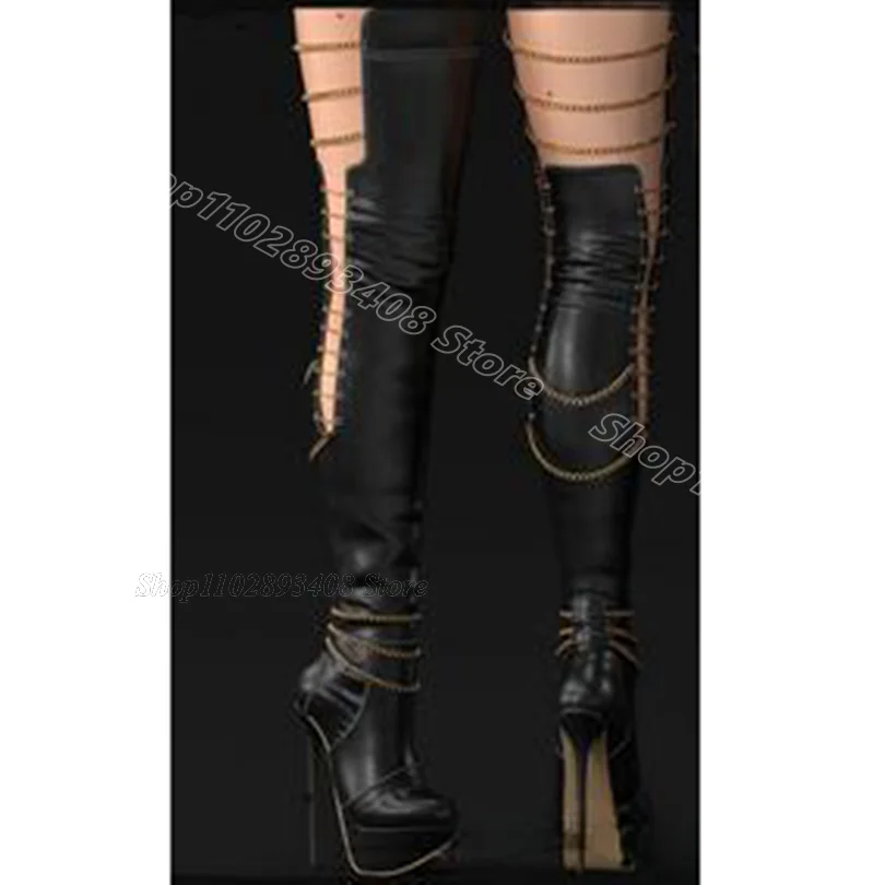 

Black Chain Decor Leather Boots Round Toe Platform Solid British Style Fashion Party Over Knee Boots 2024 Zapatos Para Mujere