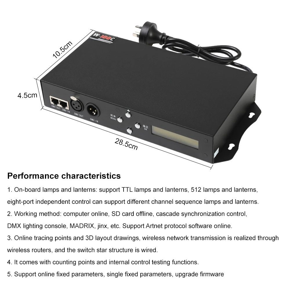 W-100C 8-portowy dekoder DMX 512 sygnału szeregowego SPI RDM Master do taśm LED RGB, kontroler programujący o stałym napięciu