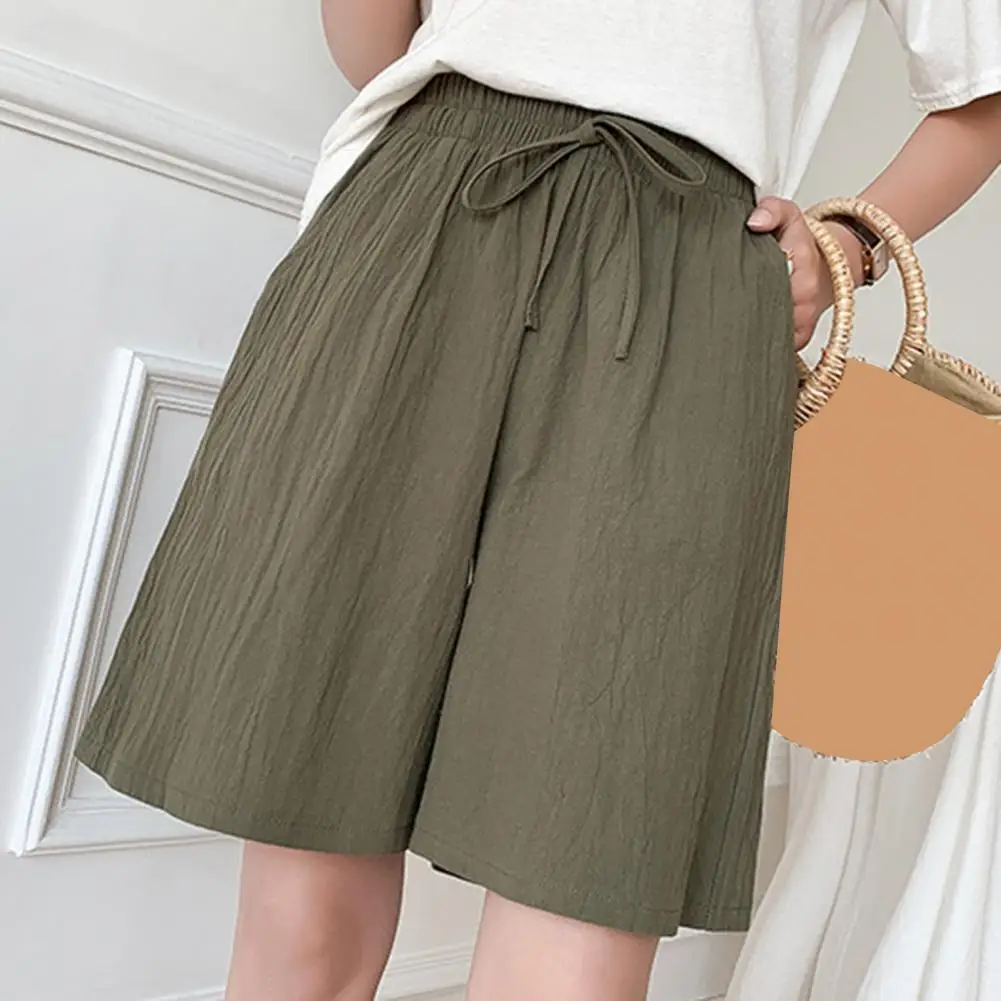 Women Summer Casual Shorts Elastic Waist Drawstring Pockets Shorts Solid Color Wide Leg Loose Short Pants Streetwear 반바지 Шорты